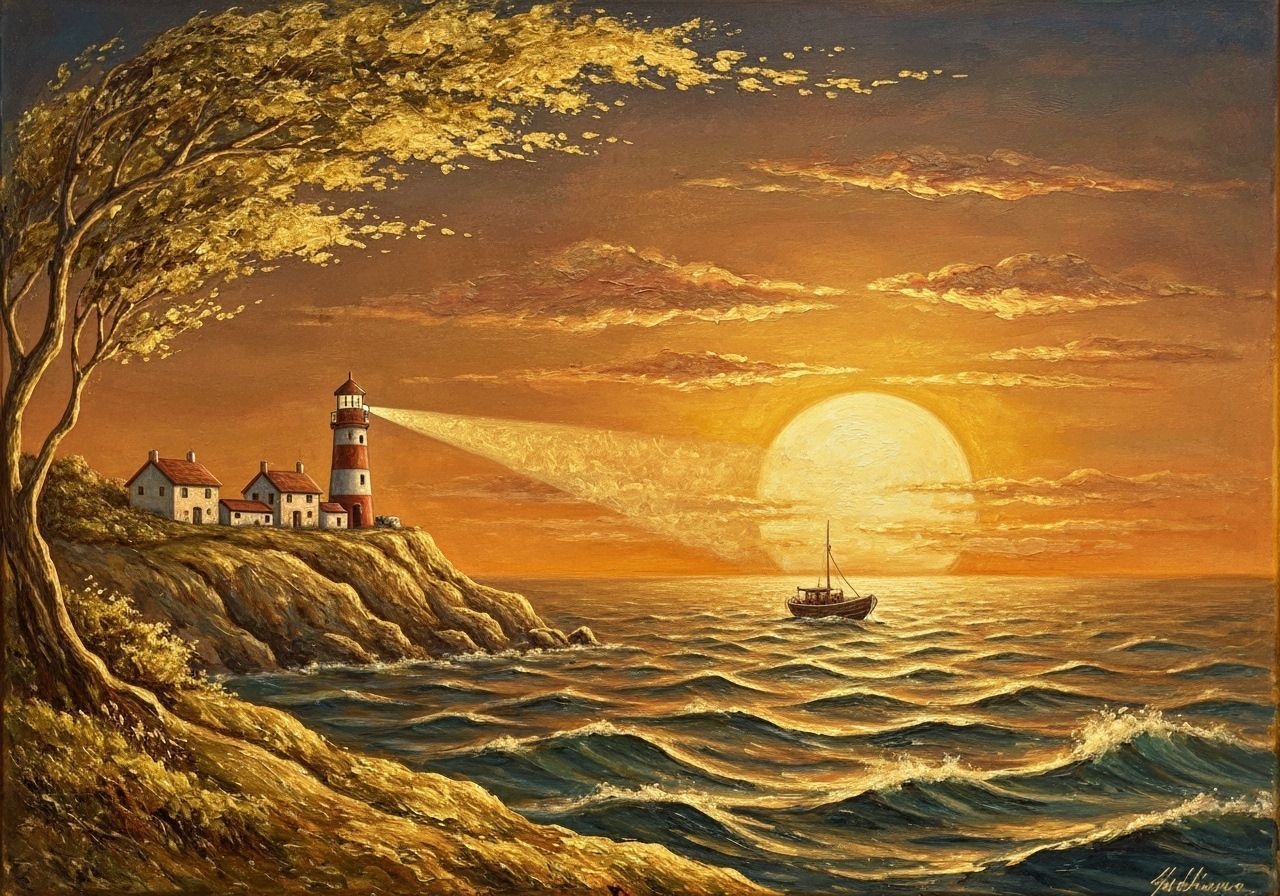 Golden Encaustic Landscape with Lighthouse and Storm