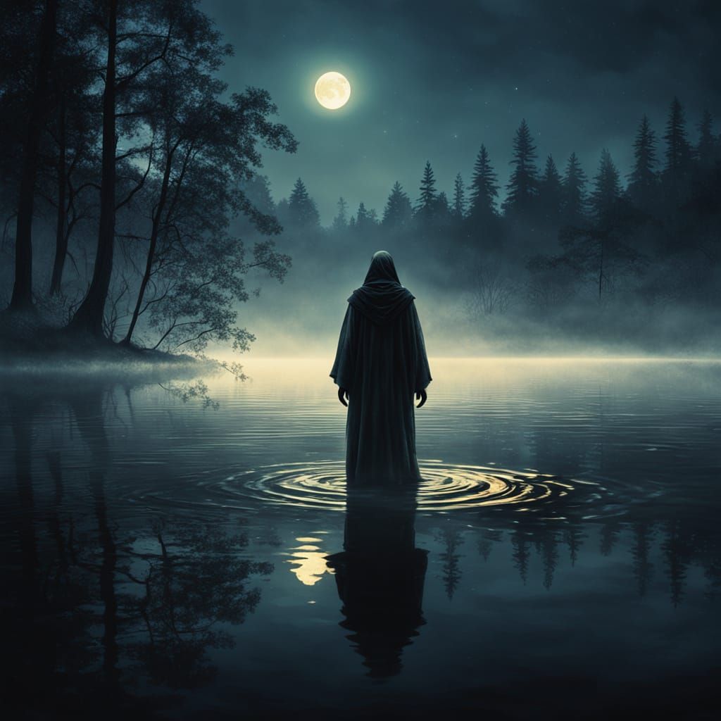 Mystical Figure on Moonlit Lake in Dark Fantasy Art