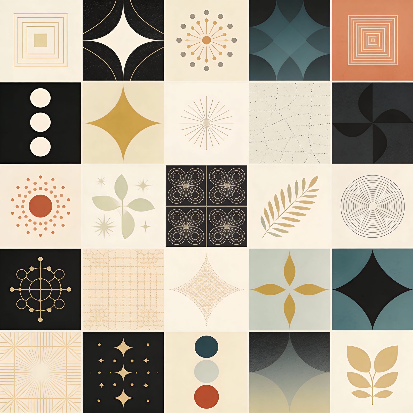 Intricate 5x5 Grid of Distinct Yet Cohesive Designs