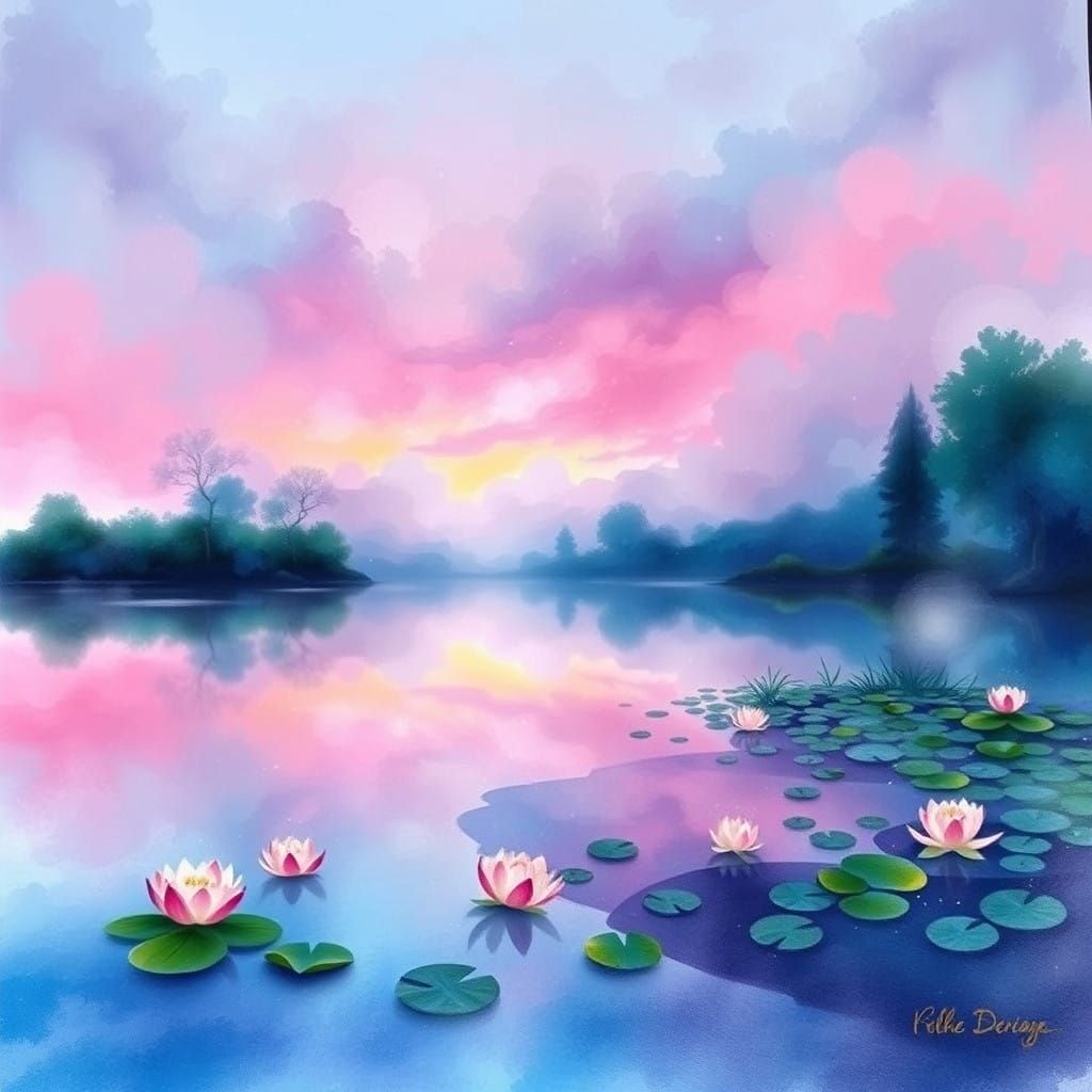 Dreamy Lake Scene in Vibrant Colors with Ethereal Style