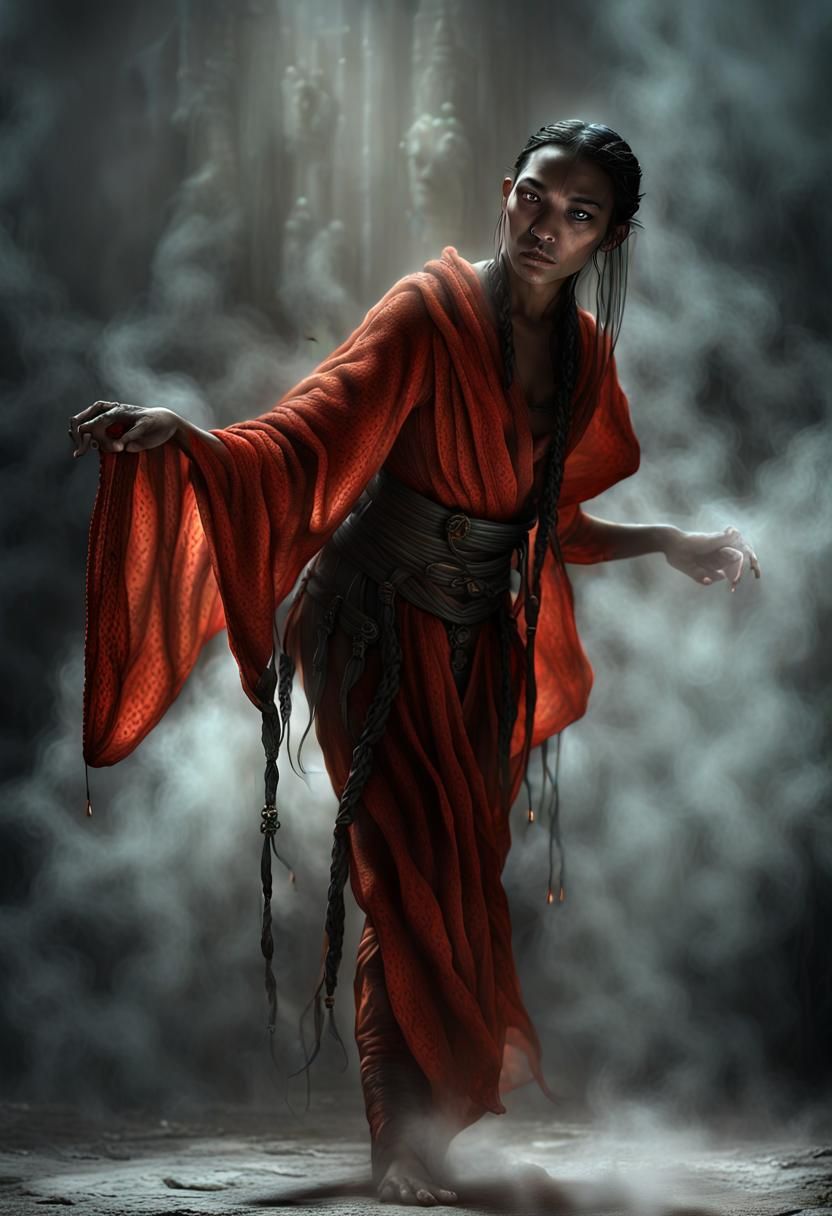 Hyperrealistic Hobbit Monk in Smoky Dark Room