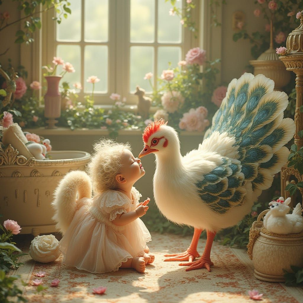 Princess and Peahen in Whimsical Fairy Tale Style