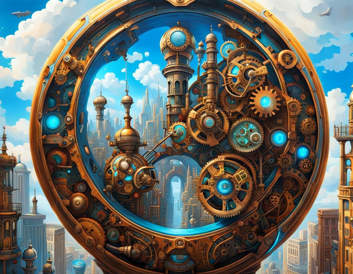 Steampunk Cyborg City with Graffiti Art Style