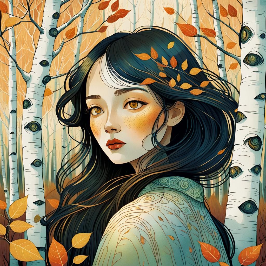 Girl in Birch Forest Illustration Inspired by Fairytales