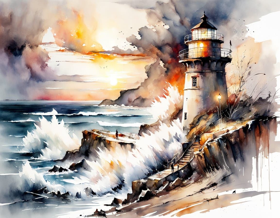 Winter Sunset: Lighthouse in Watercolor Style