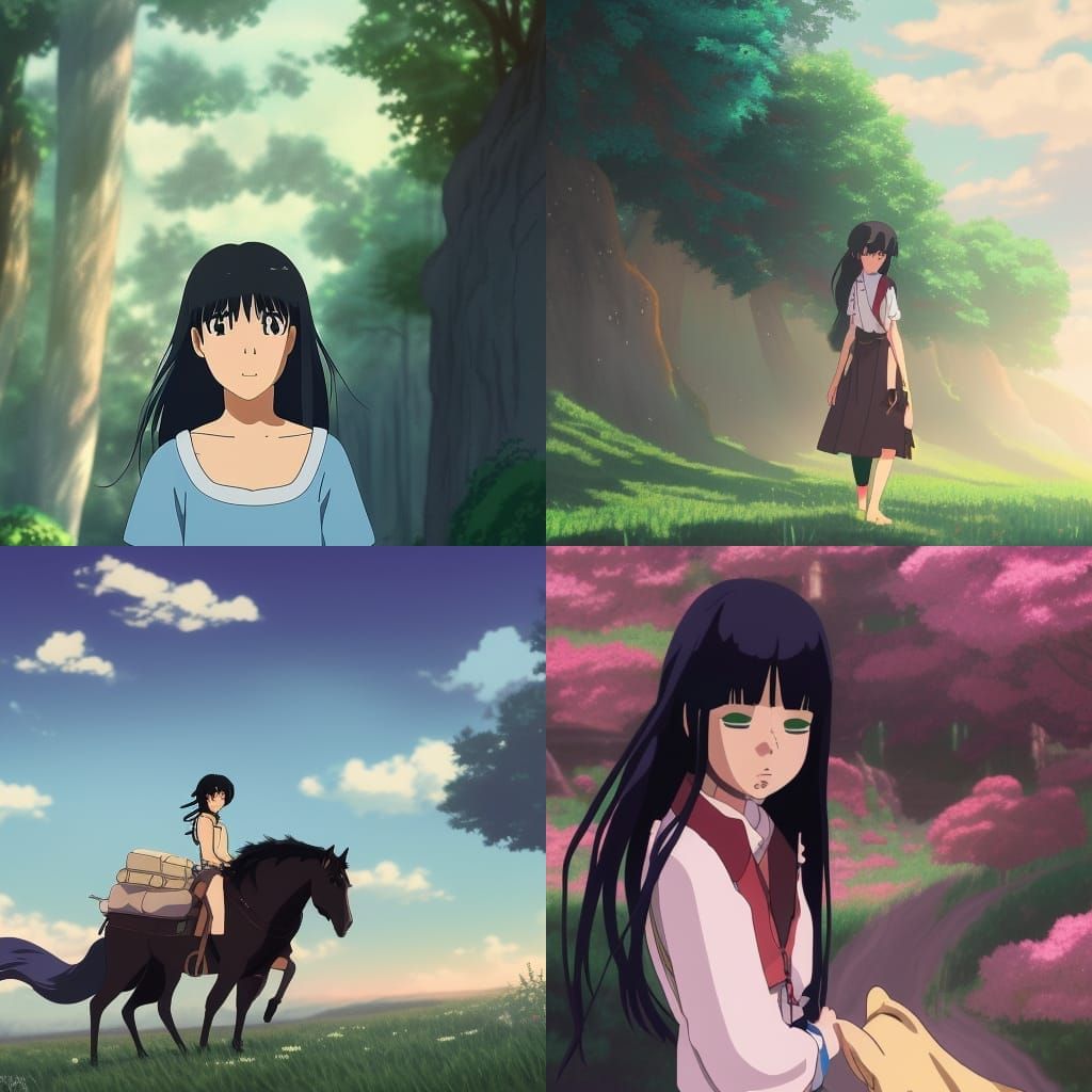 Black-Haired Girl with Horses, Studio Ghibli Style