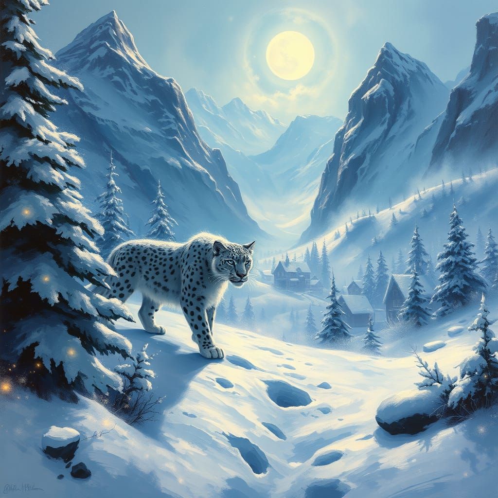 Surreal Winter Mountain Village in Ethereal Oil Painting Sty...