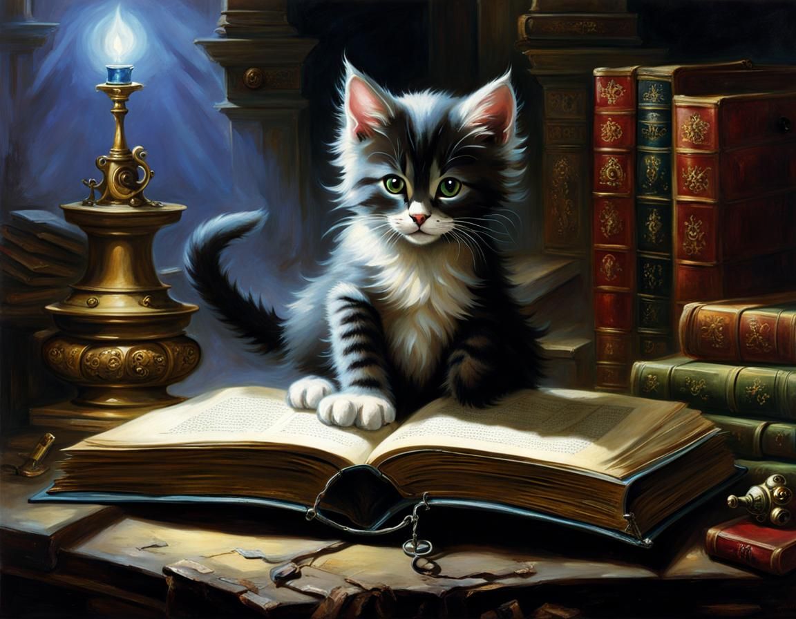 Kitten Conjuring Magic in Dark Fantasy Art