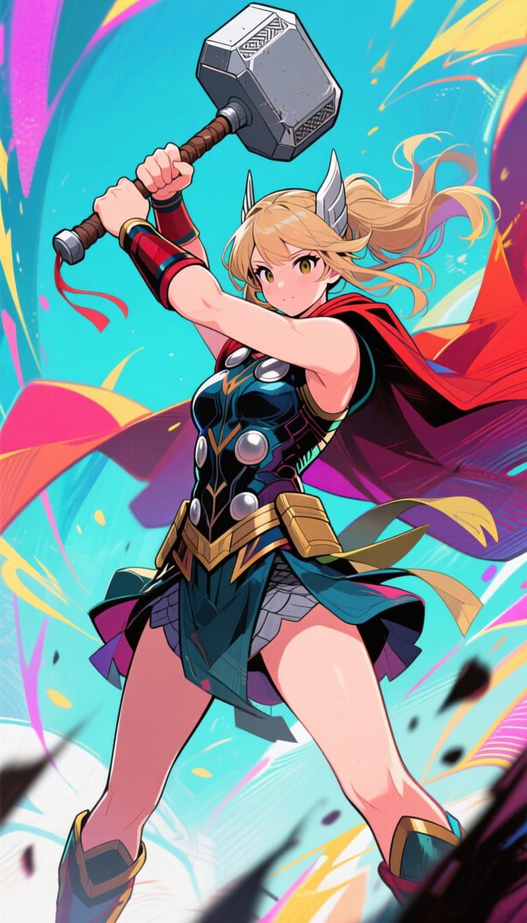 Anime Thor as a Confident Girl Wielding a Hammer