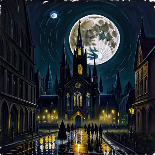 Gothic Cathedral Pallet Knife Painting Under Moonlight