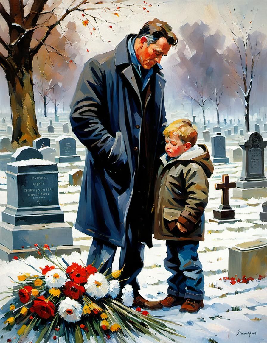Grief Stricken Father and Son at Snowy Grave