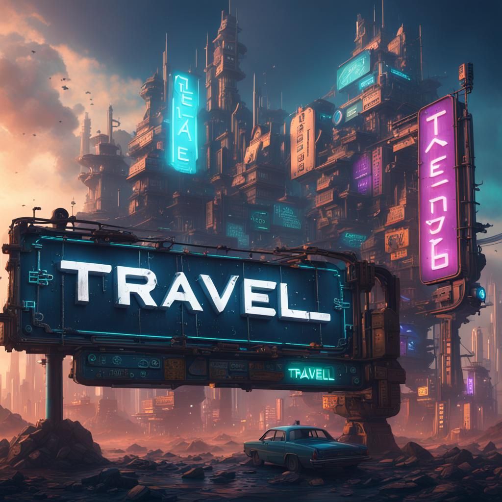 Cyberpunk Travel Signboard: Detailed Matte Painting