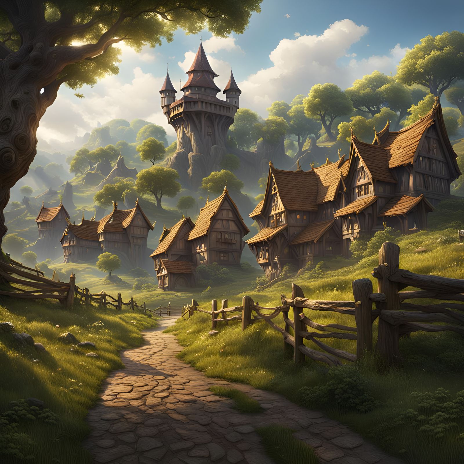 Fantasy Medieval Village Fortress in Oak Forest