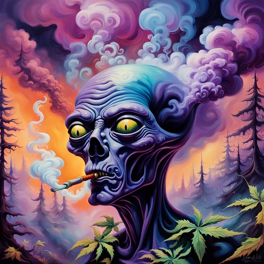 Alien Smoking Weed Pipe in Surrealist Oil Painting