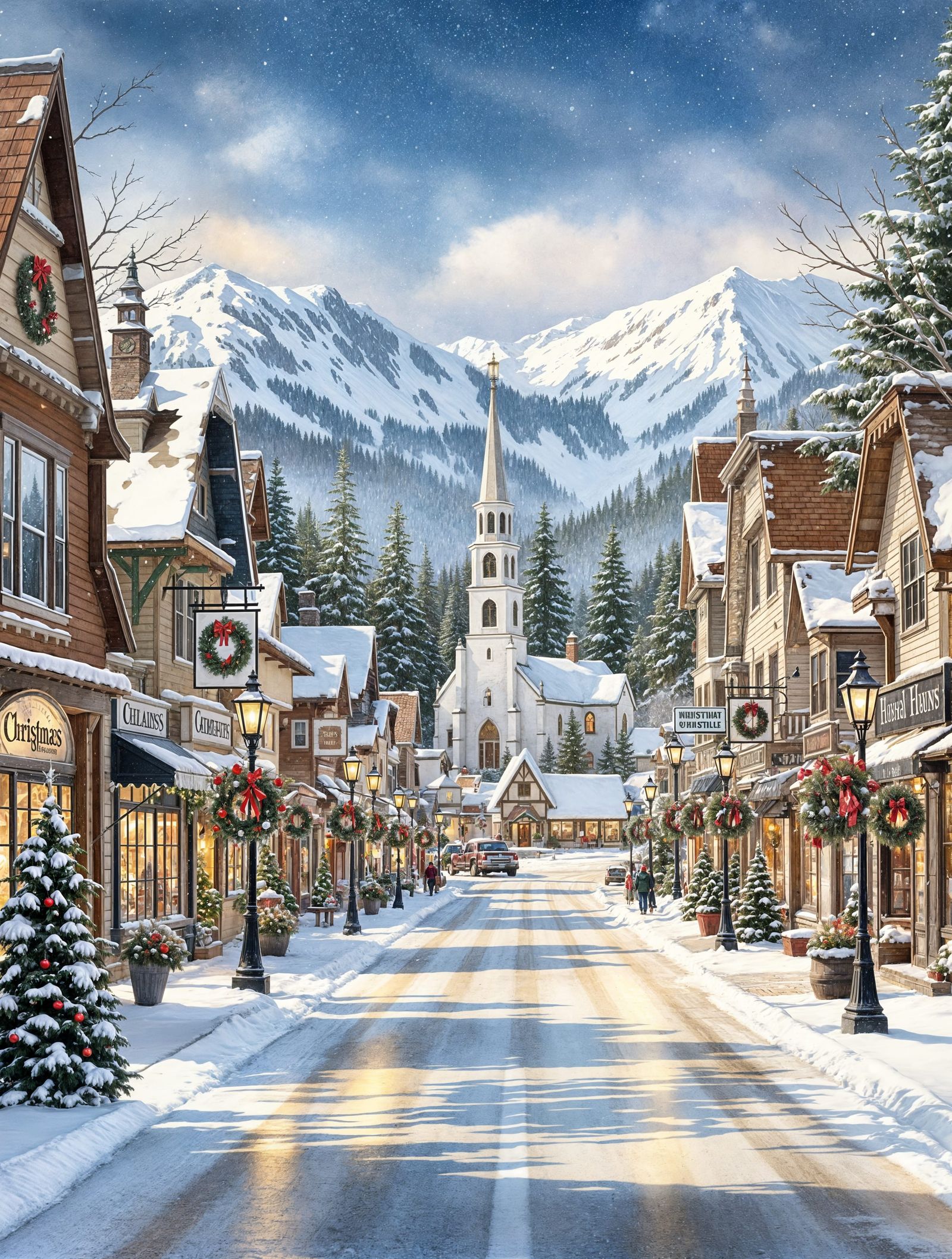 Christmas in Quaint Mountain Village: Watercolor Painting