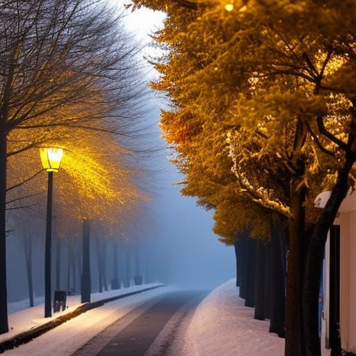 Snowy Street with Yellow Lanterns