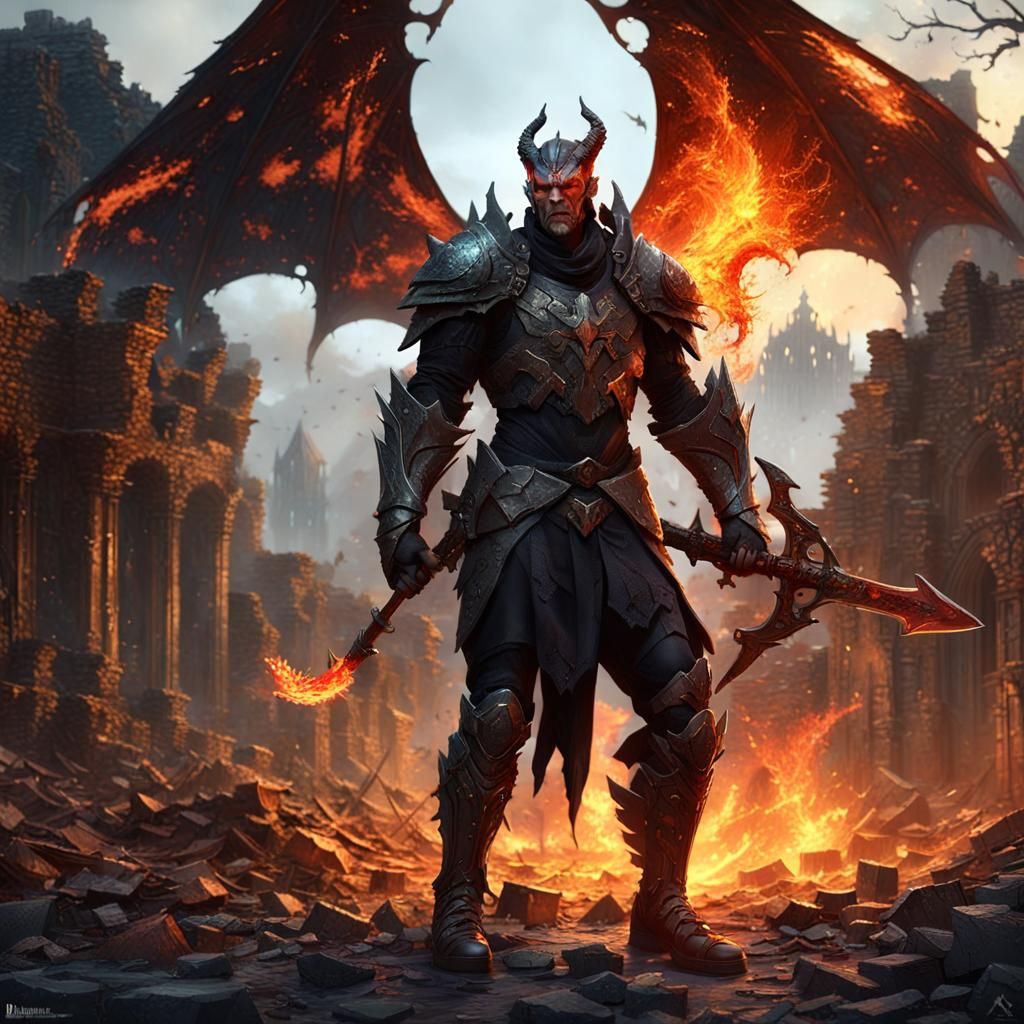 Demonic Knight in Ruined Village, Fantasy Art