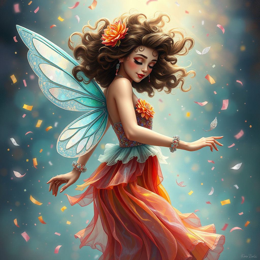 Whimsical Fairy Woman Dancing in Confetti