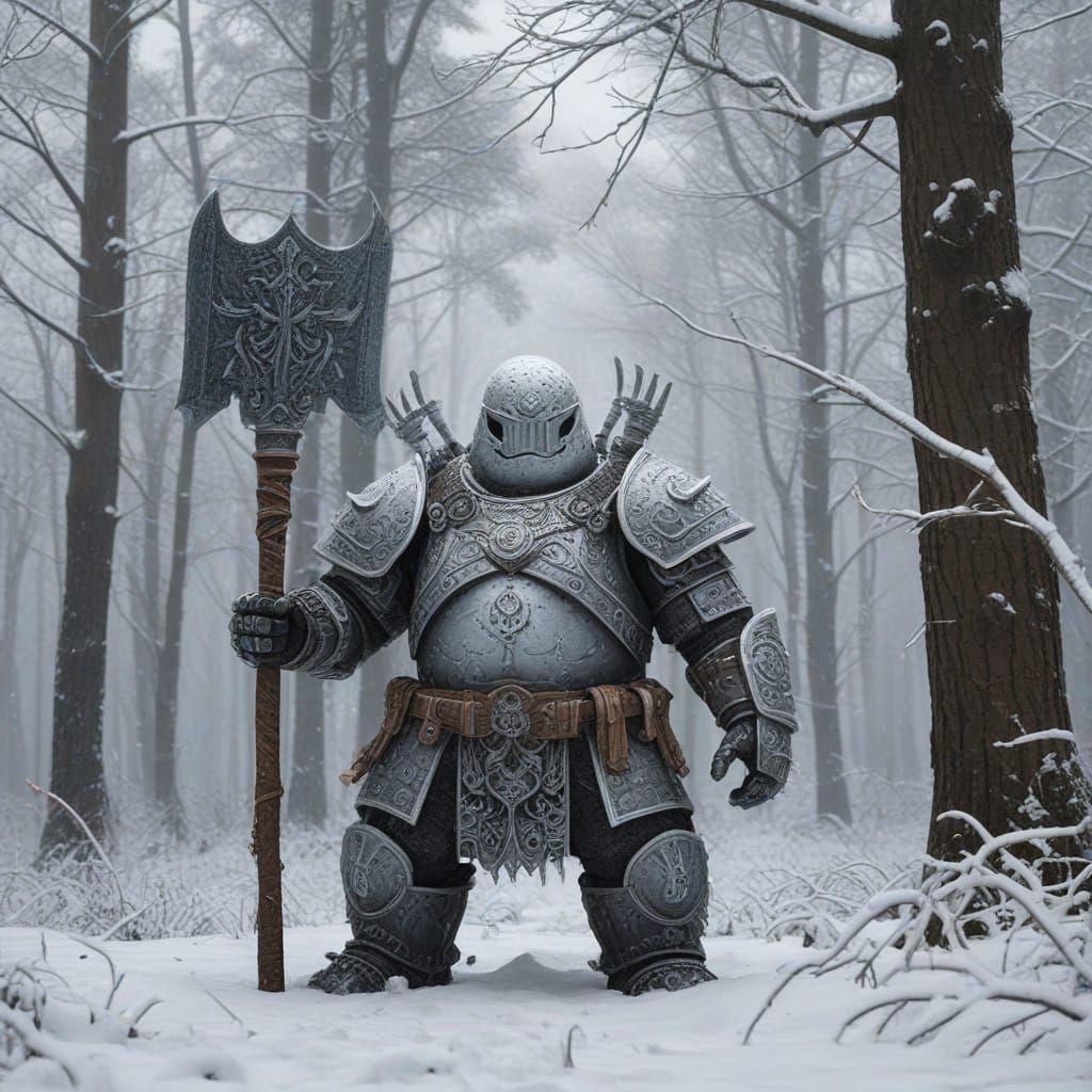 Snowman Warrior in Whimsical Winter Landscape