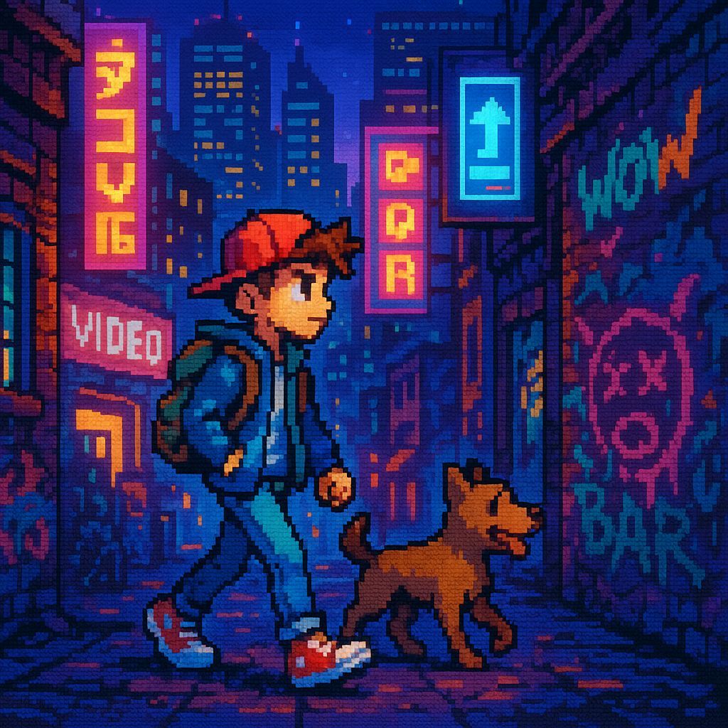 16-Bit Pixel Art: Boy and Dog in Neon City