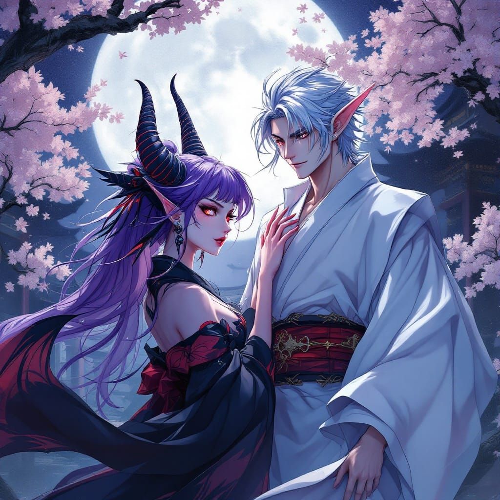 Anime Demoness and Elven Man in Moonlit Cherry Blossom Lands...