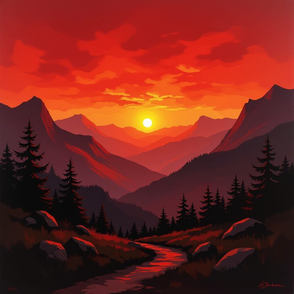 Dramatic Red Mountain Landscape in Abstract Expressionist St...