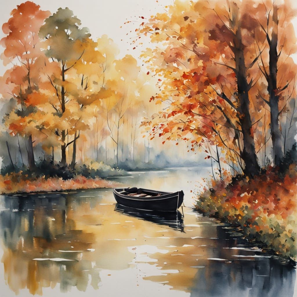 Autumn Lake Serenity: Boat in Dappled Sunlight Watercolour