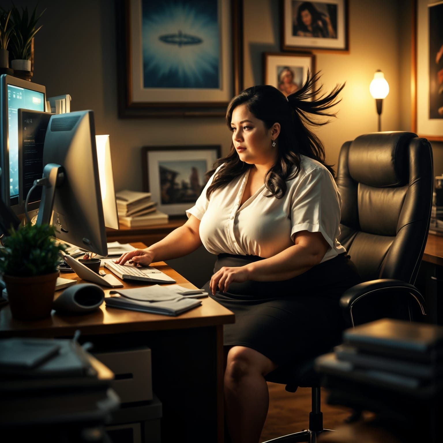 Determined Secretary in Hyper-Realistic Office Setting