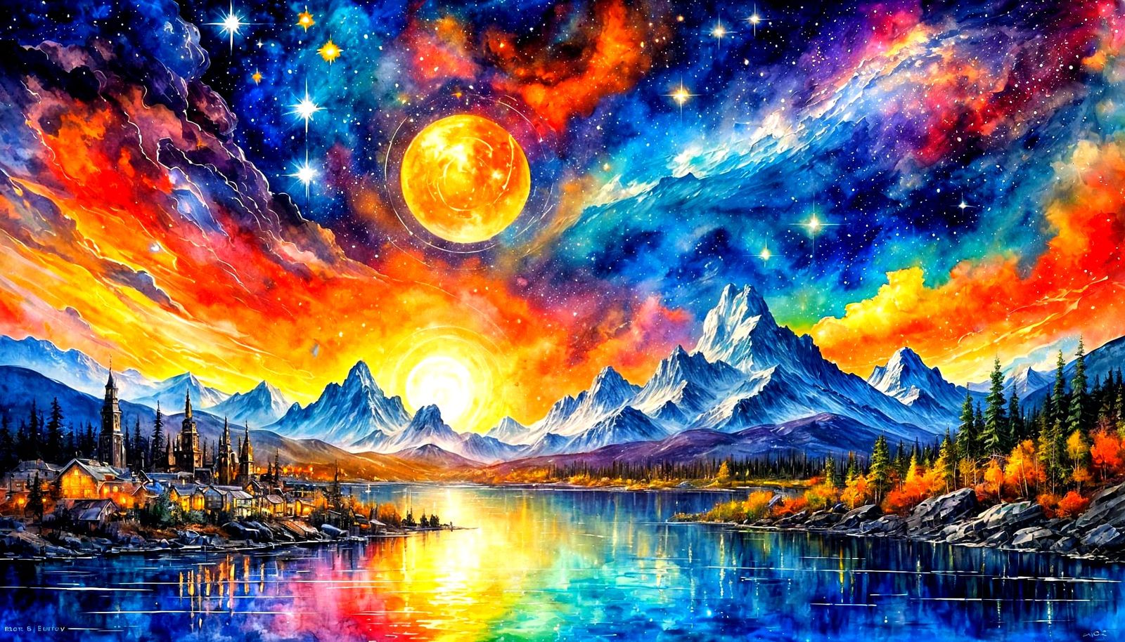 Stellar Watercolor Night Sky Panorama in Vibrant Palette Kni...