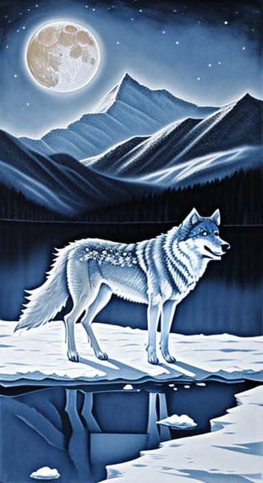 Ethereal Wolf Rises from Winter Lake