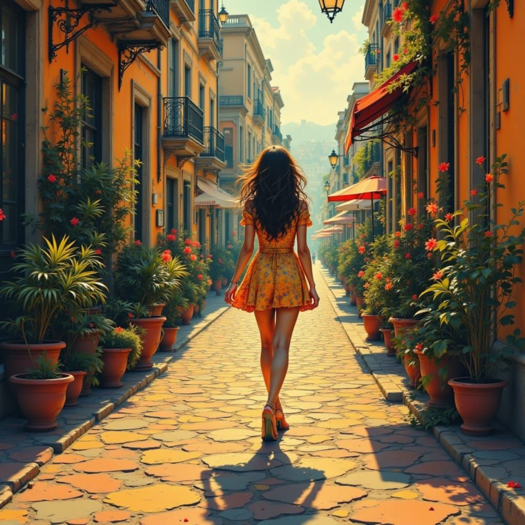 Woman Walking on Sunlit Street in Comic Style