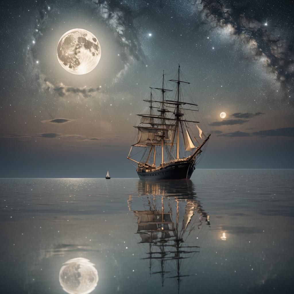 Ship on Glassy Sea Under Moonlight