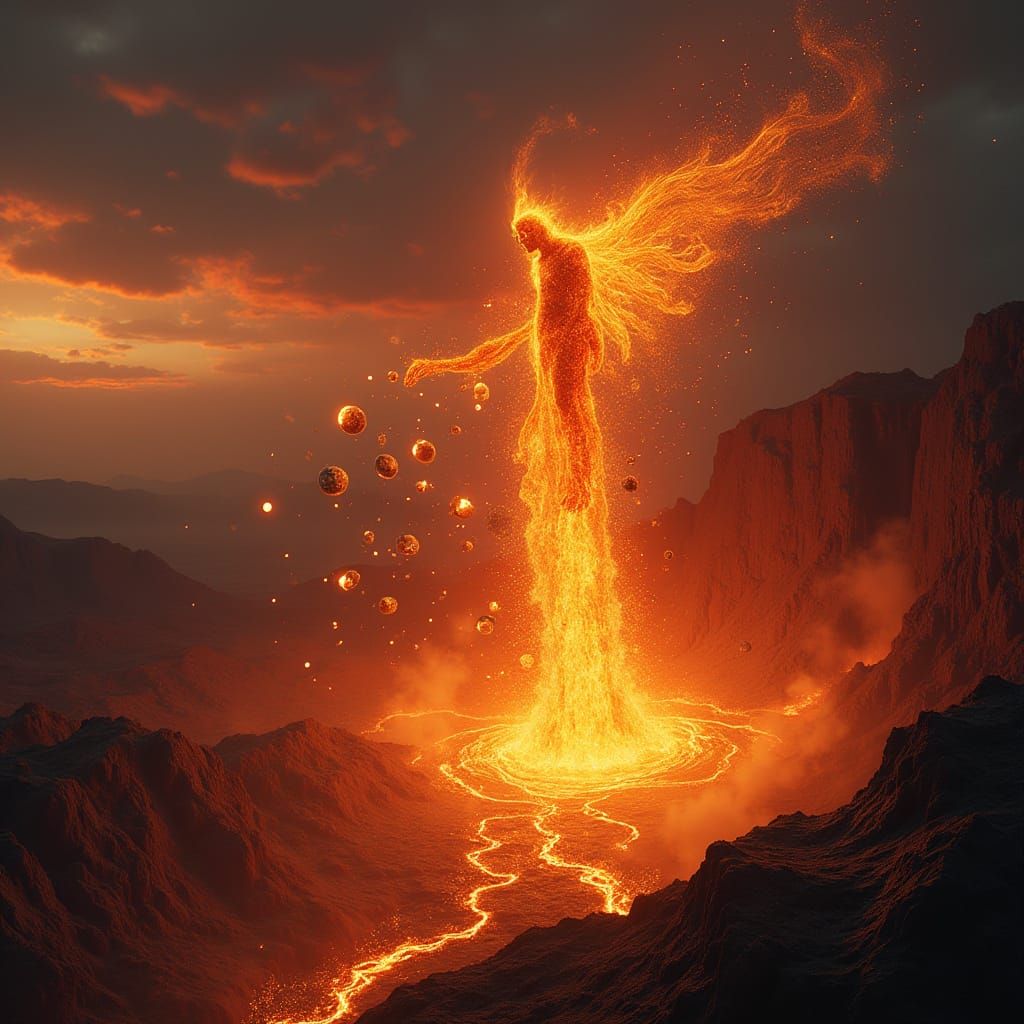 Fire Mage Spirit Erupts from Volcano in Photorealistic Style