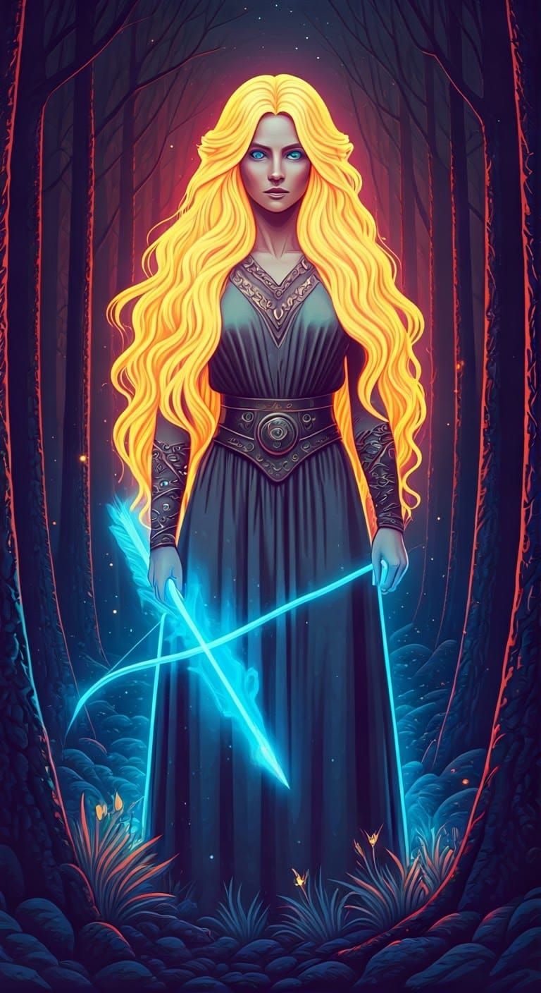 Nordic Viking Goddess with Spectral Bow, Digital Art