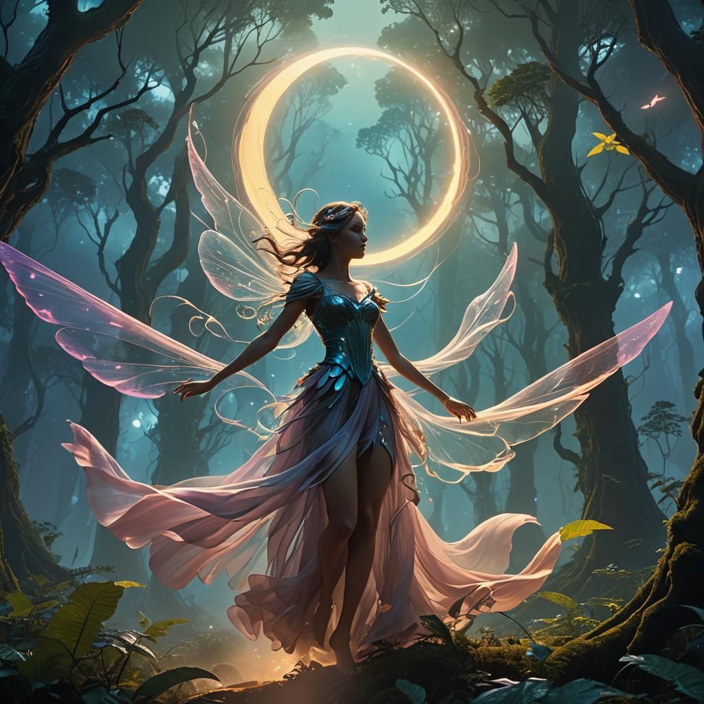 Wind Fairy Emerges in Moonlit Forest
