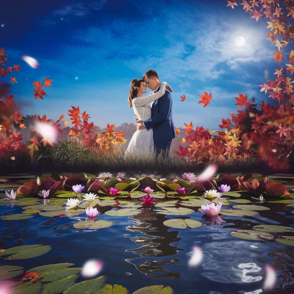 Dreamlike Embrace by Lily Pond Under Moonlight