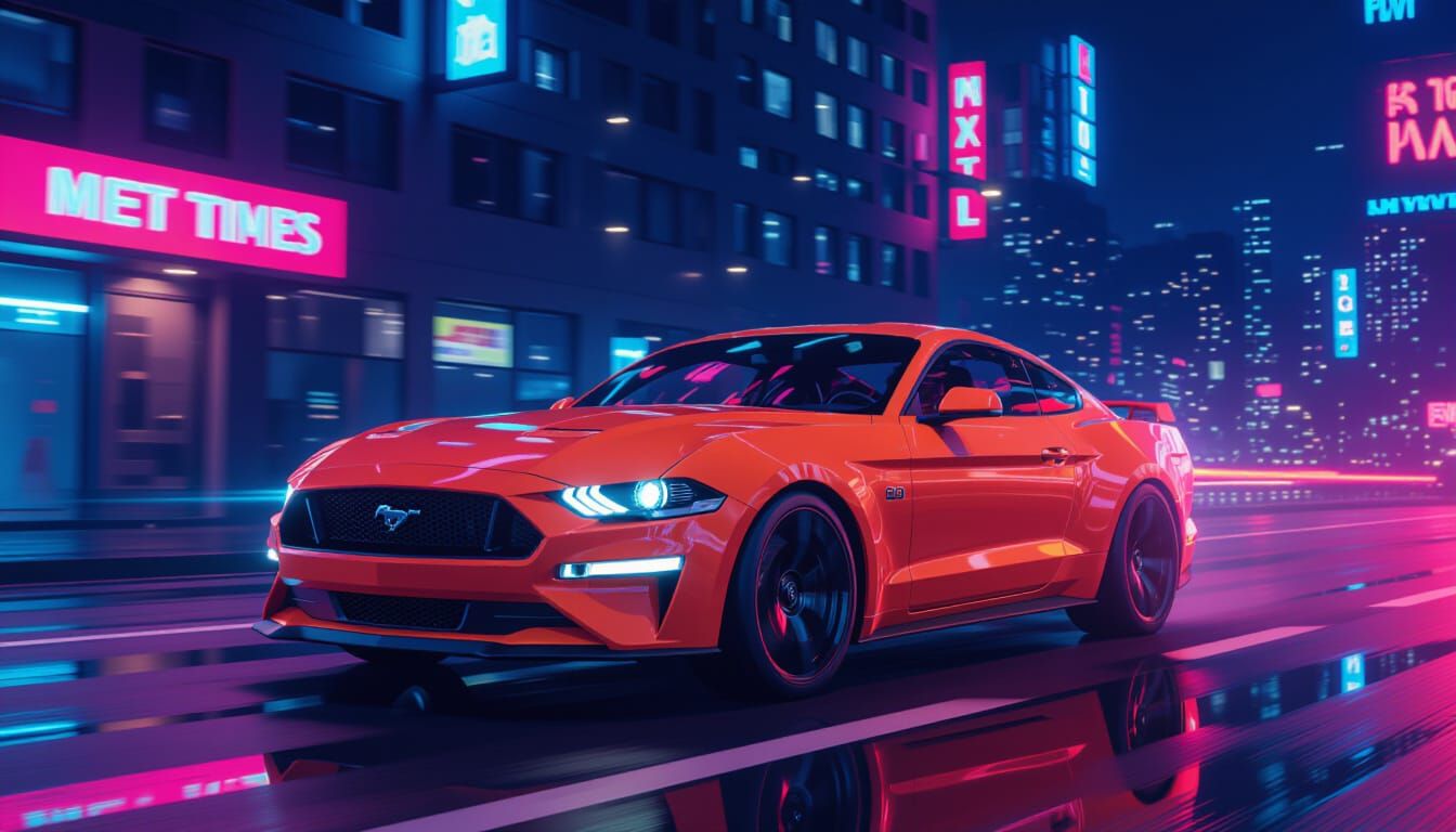 Orange Ford Mustang Speeding Down Neon City Street