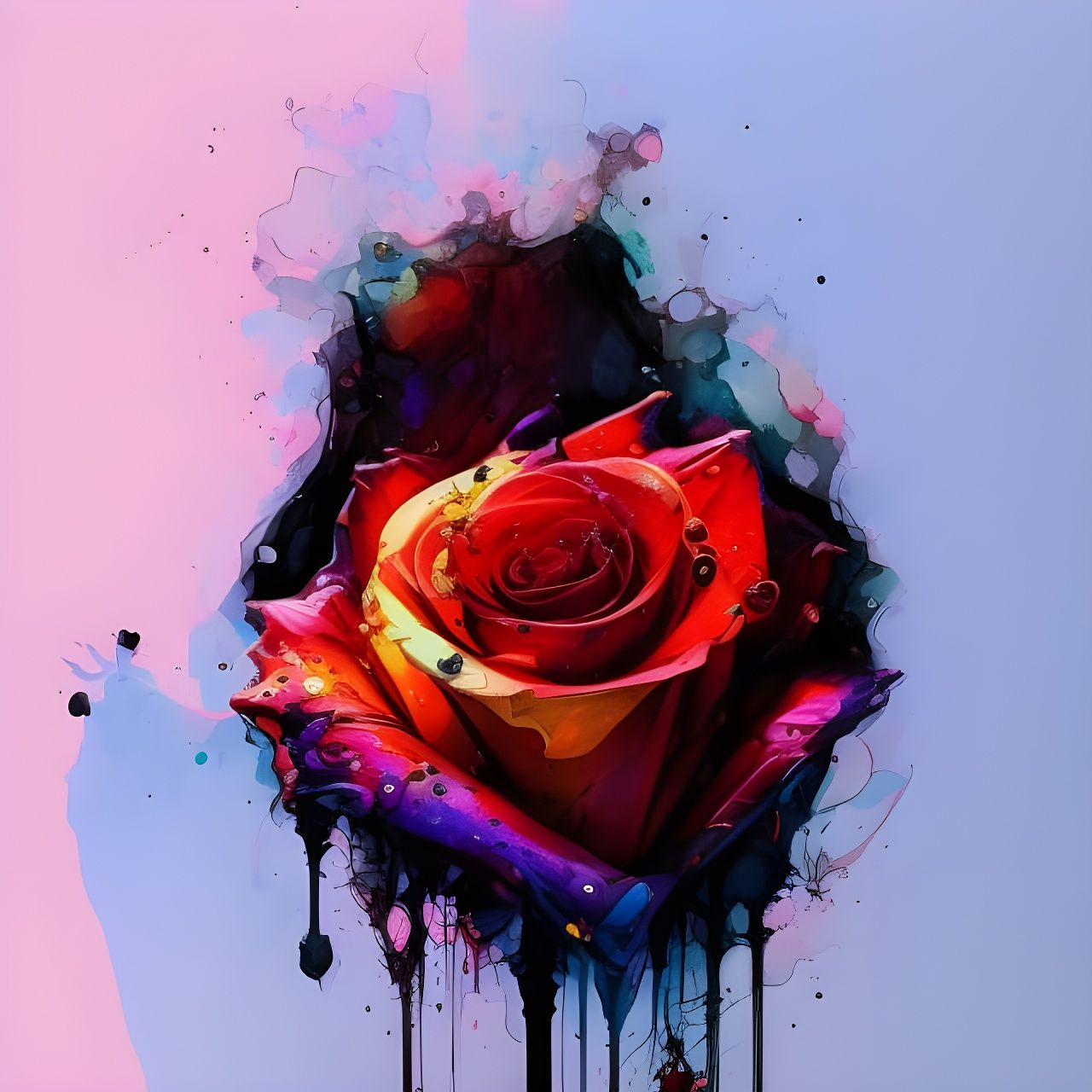 Burning Rose Watercolor with Ink Details