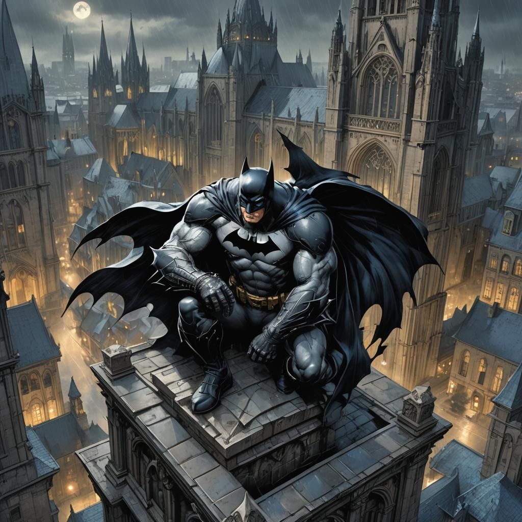 Batman on Gotham Cathedral: Gritty Comic Art