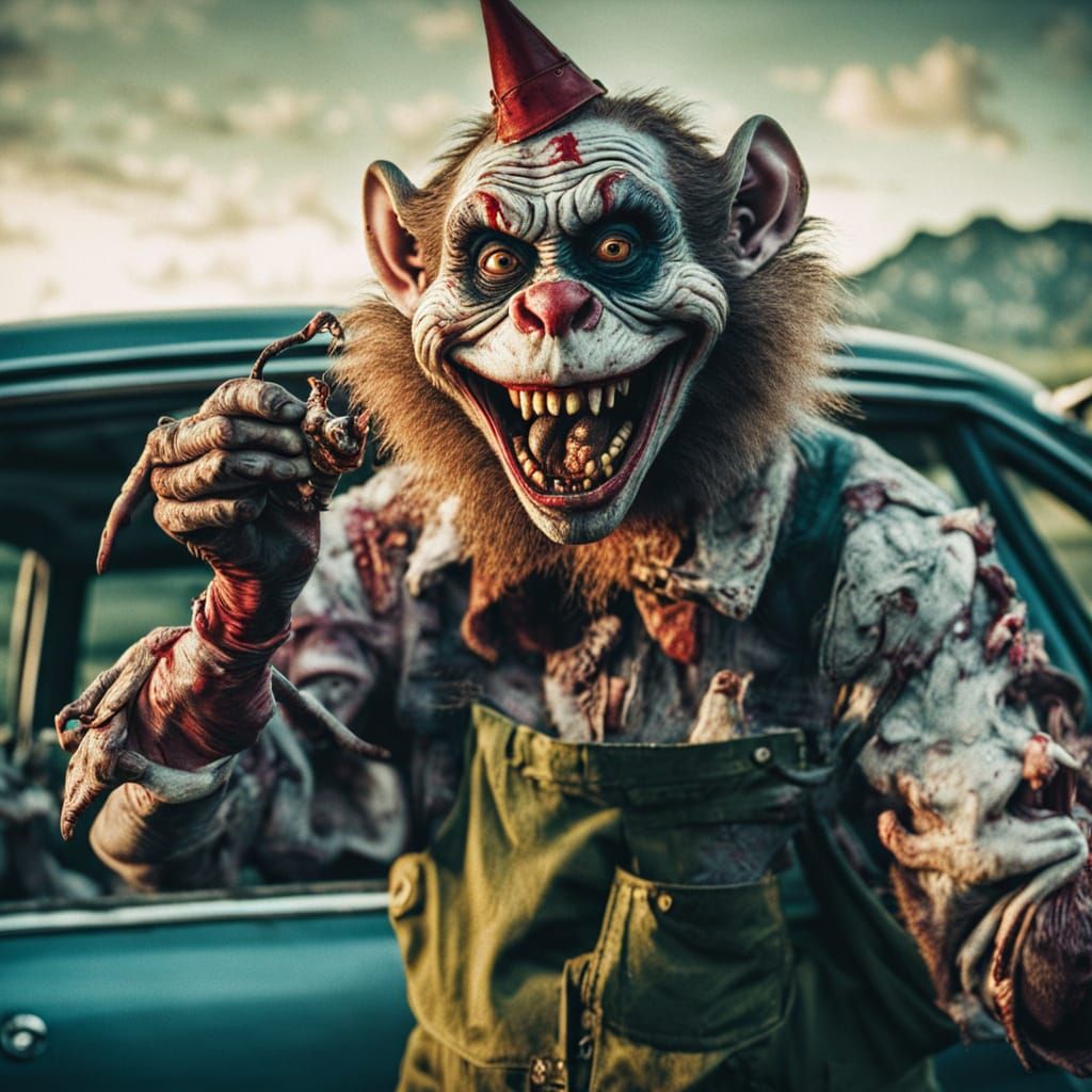 Zombie Clown Mechanic Celebrates Rat Find