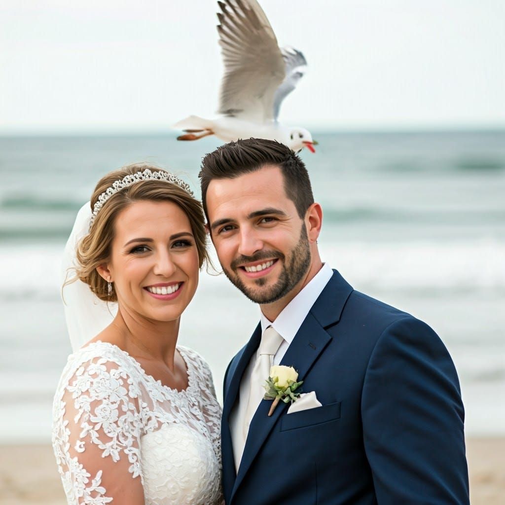 Humorous Beach Wedding Photo with Seagull