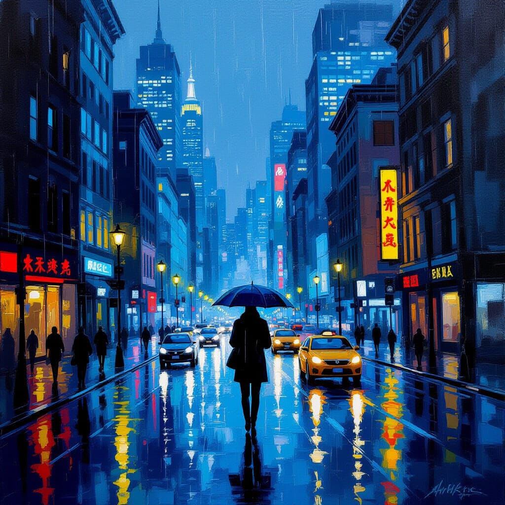 Rainy City Night: Solitude Under Umbrella