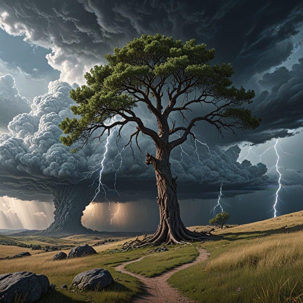 Epic Fantasy Landscape with Swirling Storm Clouds and Lone T...