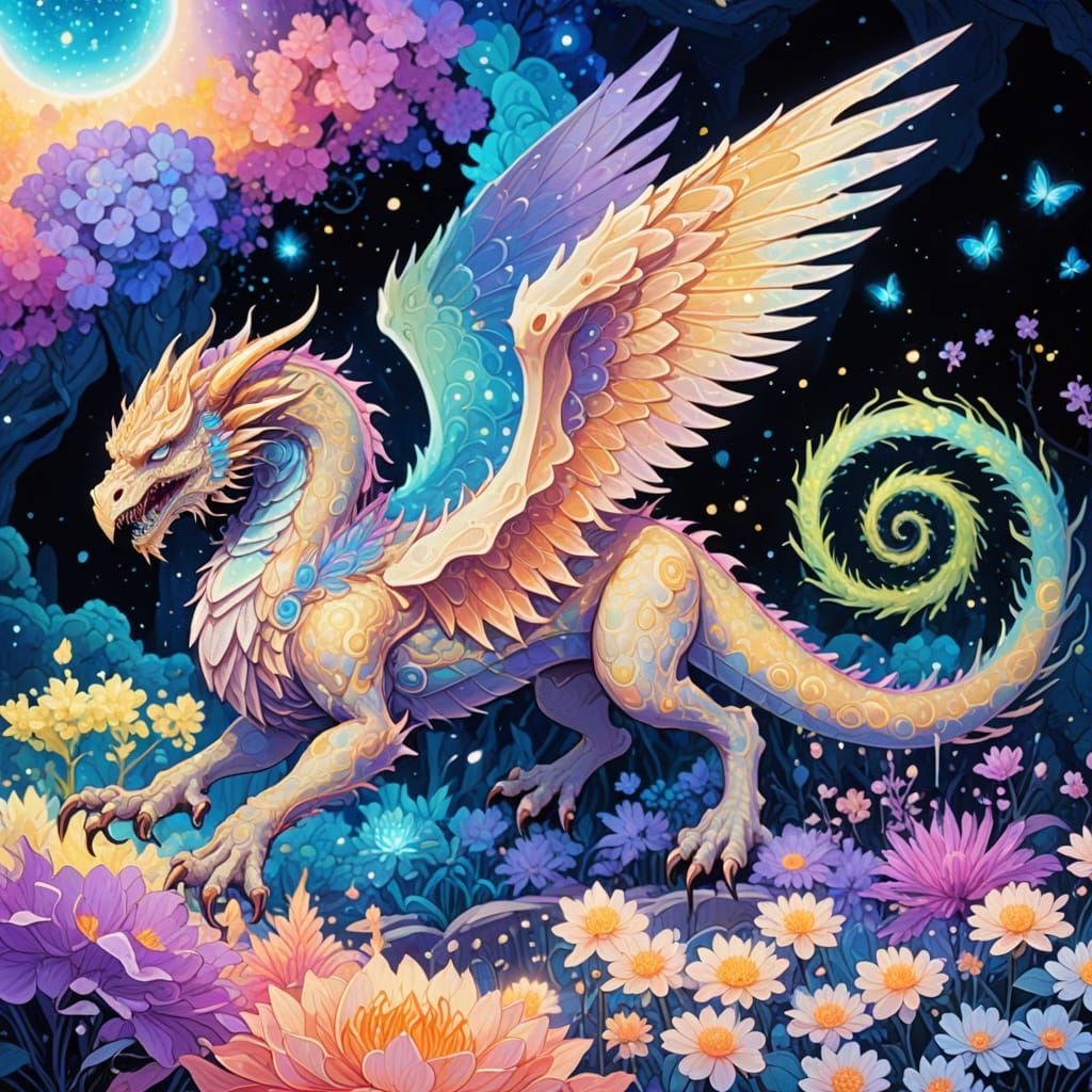 Ethereal Monster in Bioluminescent Temple: Fantasy Illustrat...