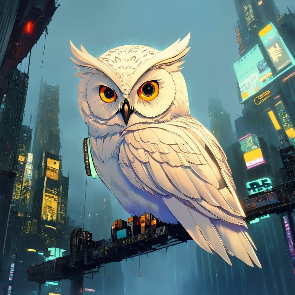 Surreal Futuristic Cyborg Owl in Iridescent Neon Blue and Wh...