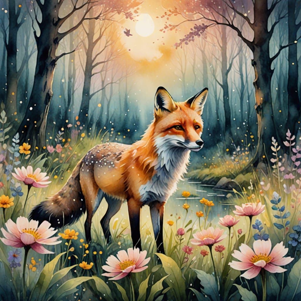 Whimsical Fox in Vibrant Dreamlike Forest