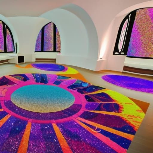 Psychedelic glitter penthouse with psychedelic colorful glittery walls with purple accents& psychedelic circular windows...