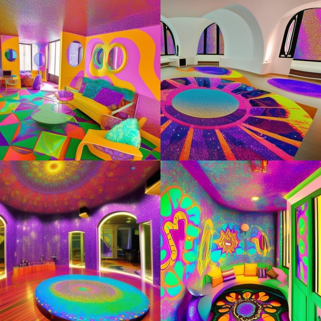 Psychedelic glitter penthouse with psychedelic colorful glittery walls with purple accents& psychedelic circular windows...