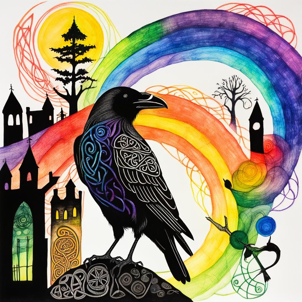 Celtic Knotwork Raven Silhouette in Crayon Style