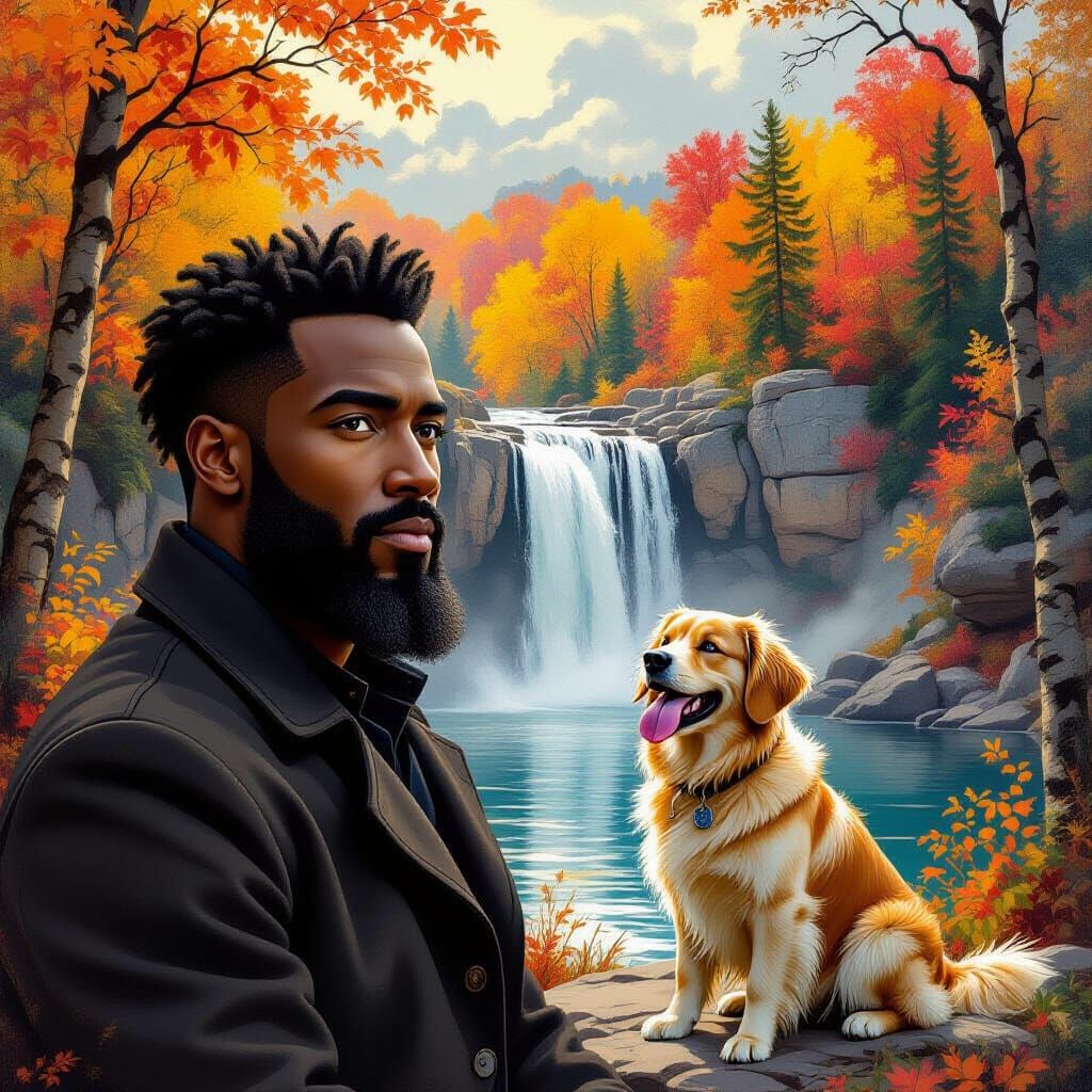 Man and Dog Overlook Autumn Waterfall in Painterly Style